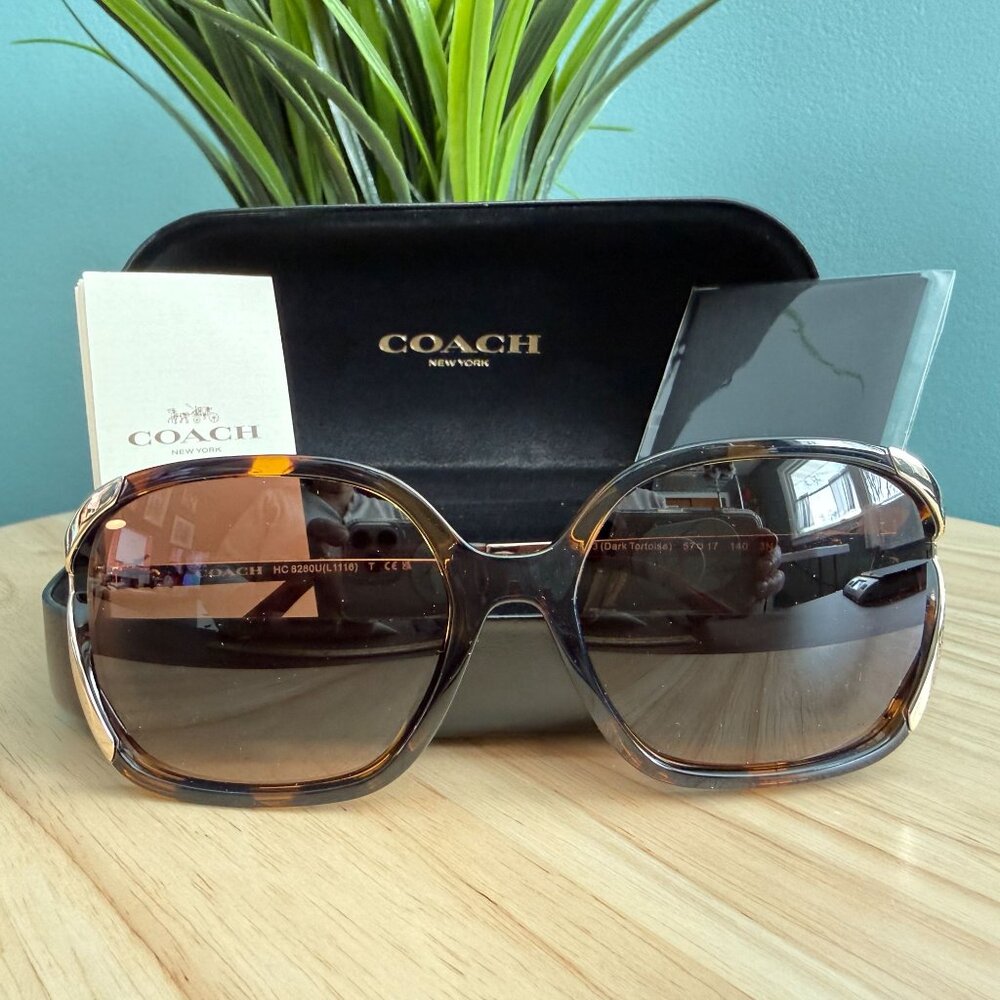 Coach Tortoise Sunglasses HC8280U L1116 XL Gold Cut Out Rims With Case & Papers - Picture 3 of 16